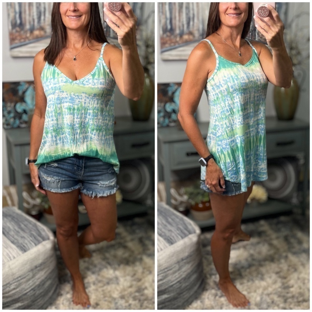 Reversible Tie Dye Scoop V-Neck Summer Spaghetti Strap Tank Green Blue 0423